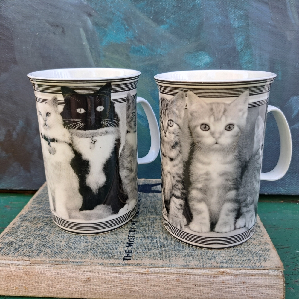 Pair of Cats Kittens Mugs Black and White by Gryphonware